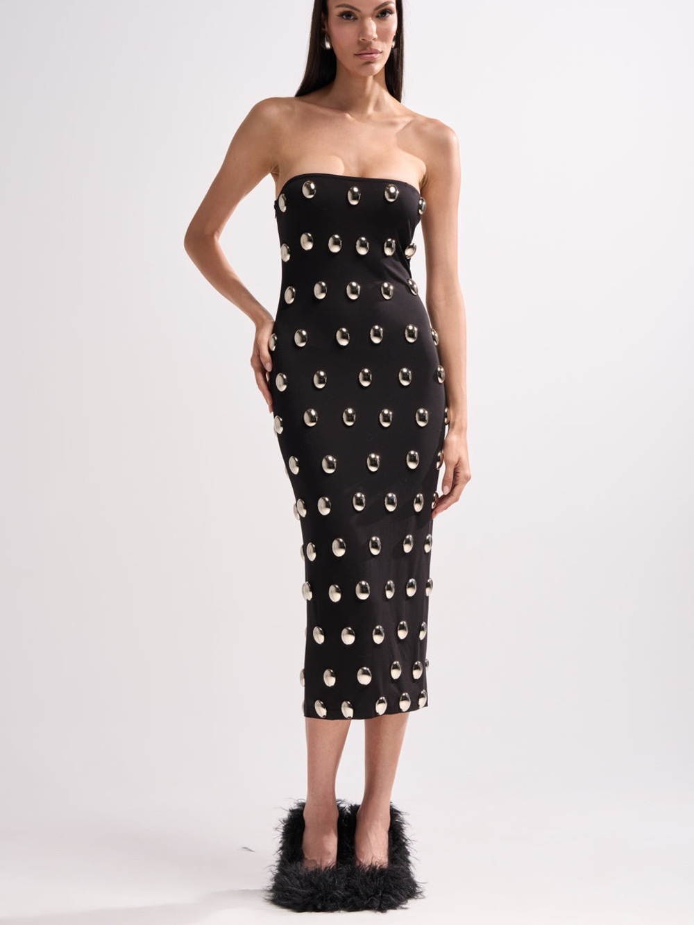 Akira Strapless Black Embellished Metal Midi Dress